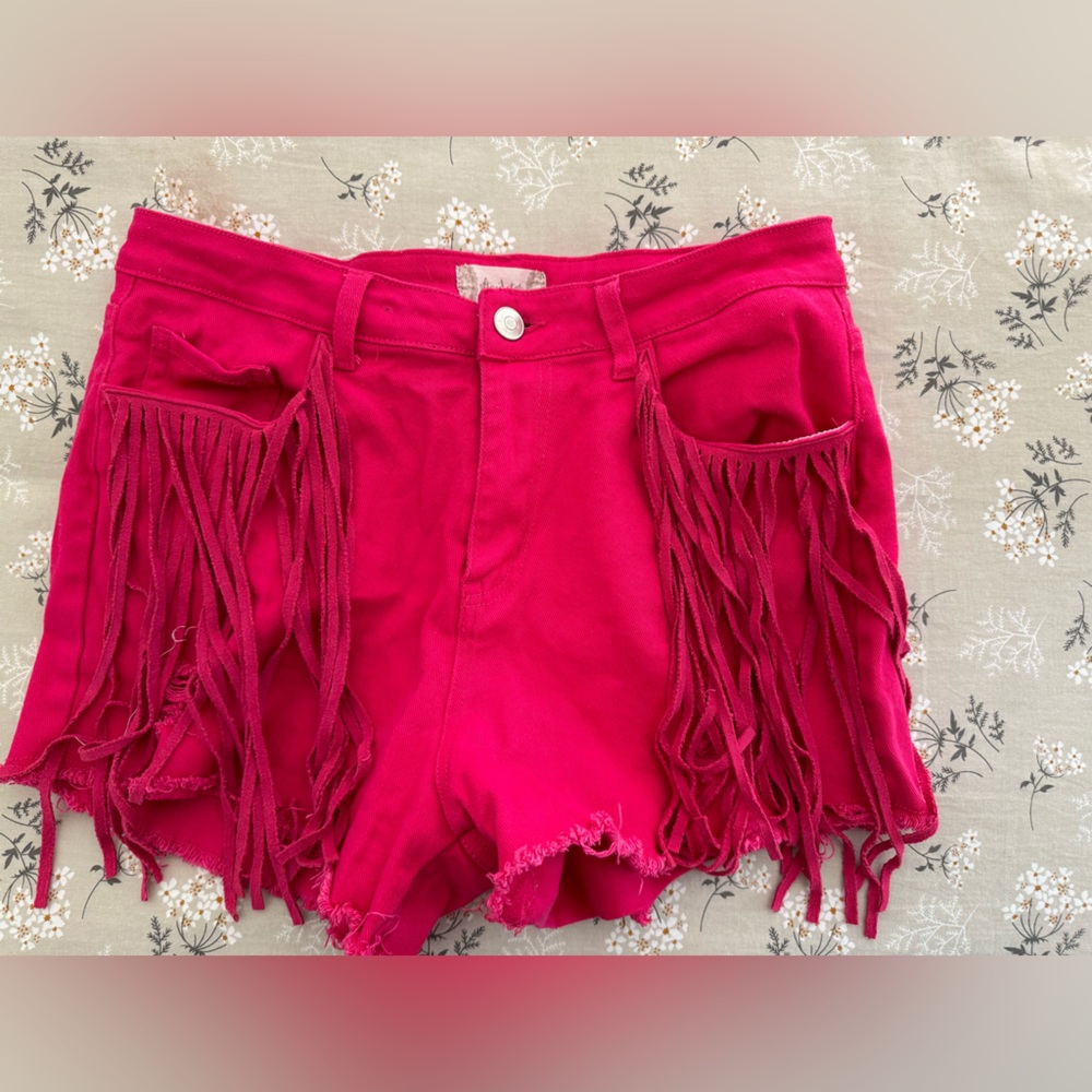 Altar’d state pink fringe mini shorts